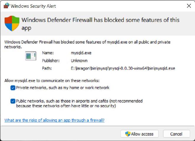MySQL Windows Defender Firewall