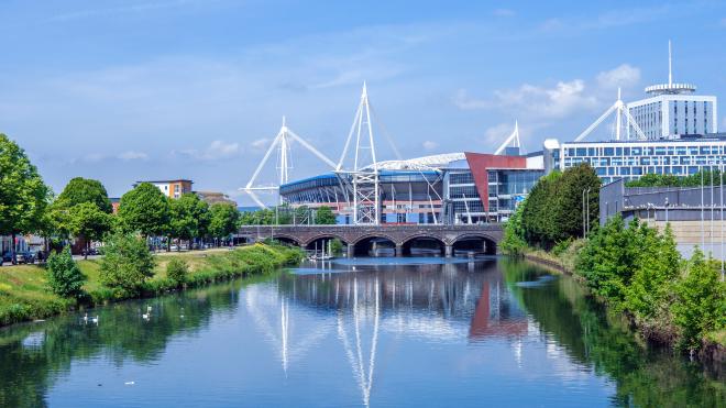 Principality Stadium in Cardiff overlooking River Taff